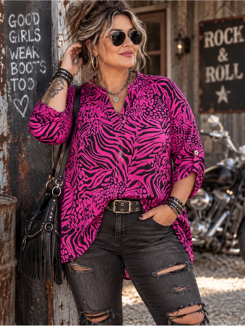 Dear Scarlett Lizzy Top Magenta Black Zebra Animal Print 3/4 Sleeve NWT Sz Large